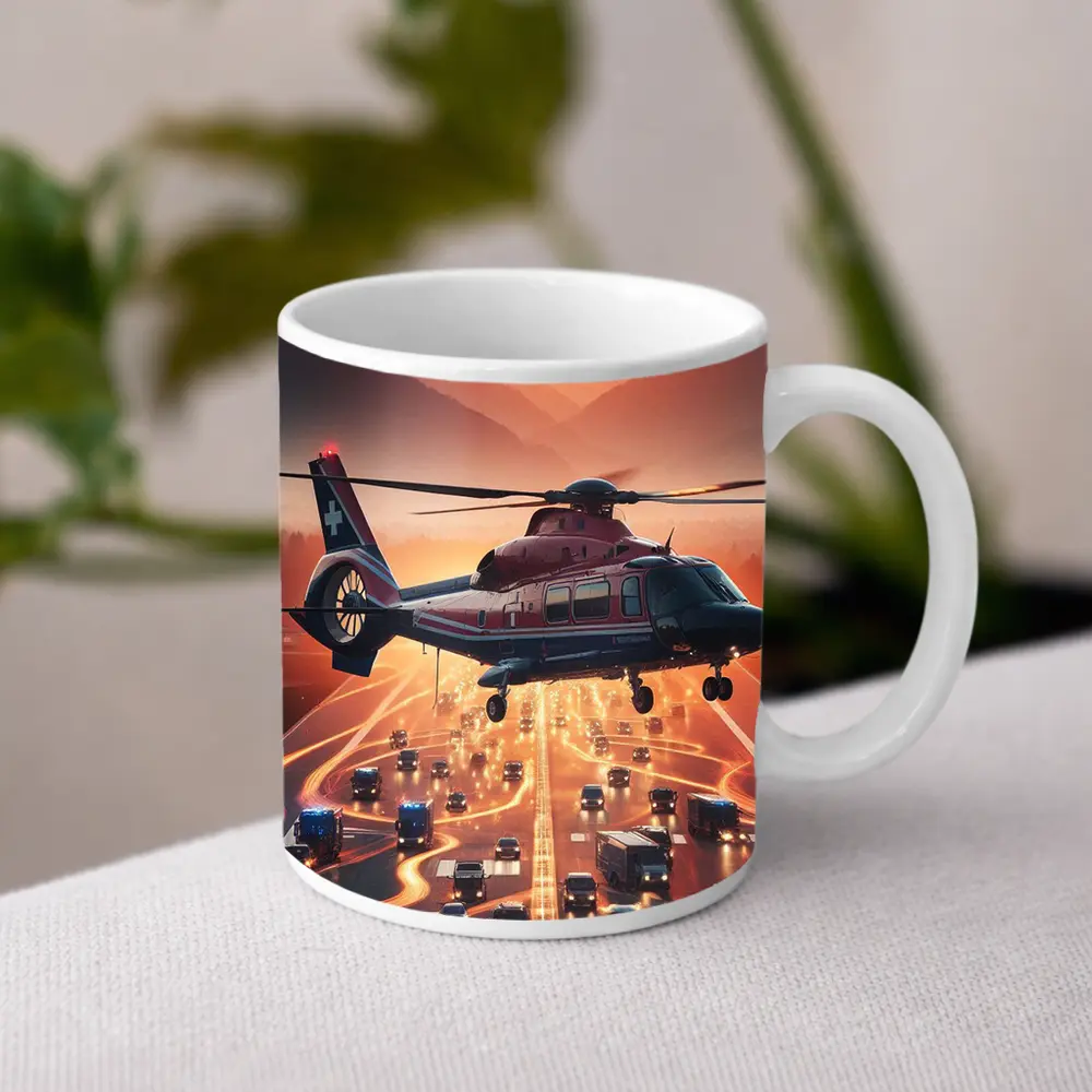 Medical Helicopter Flying Over Busy Highway Sunset – Mugs
