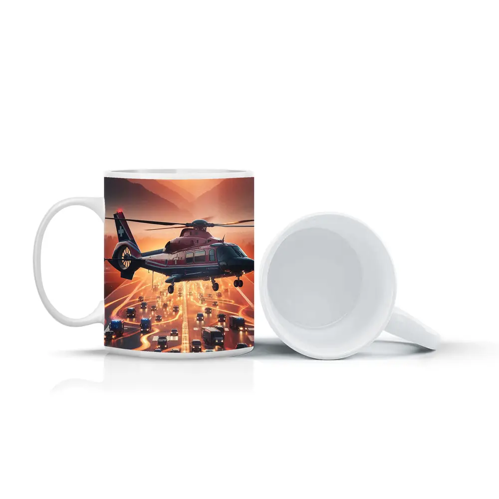 Medical Helicopter Flying Over Busy Highway Sunset – Mugs