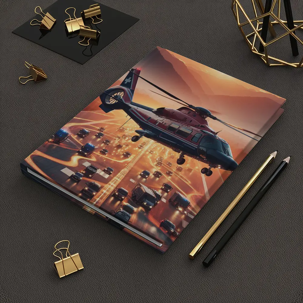 Medical Helicopter Flying Over Busy Highway Sunset – Notebooks