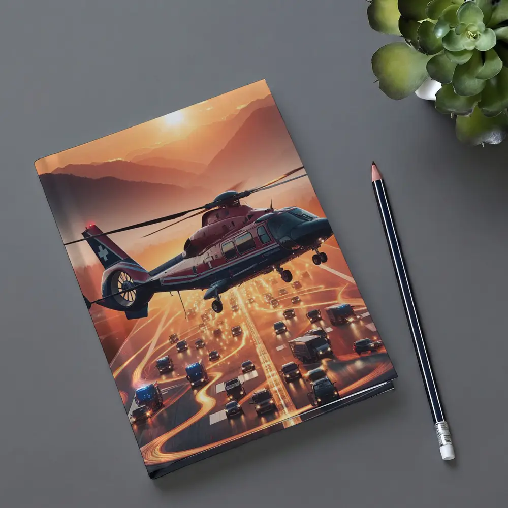 Medical Helicopter Flying Over Busy Highway Sunset – Notebooks