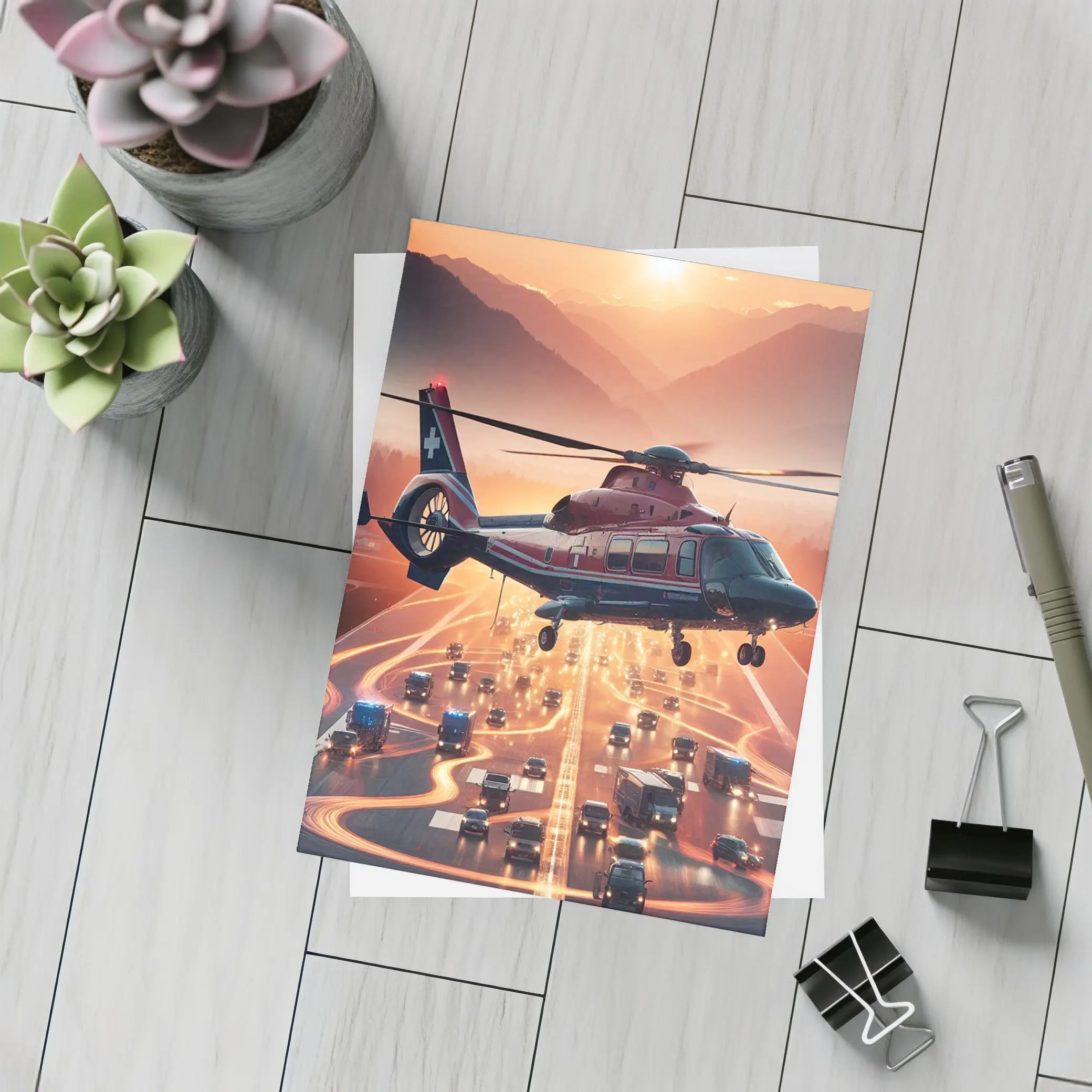 Medical Helicopter Flying Over Busy Highway Sunset – Postcards