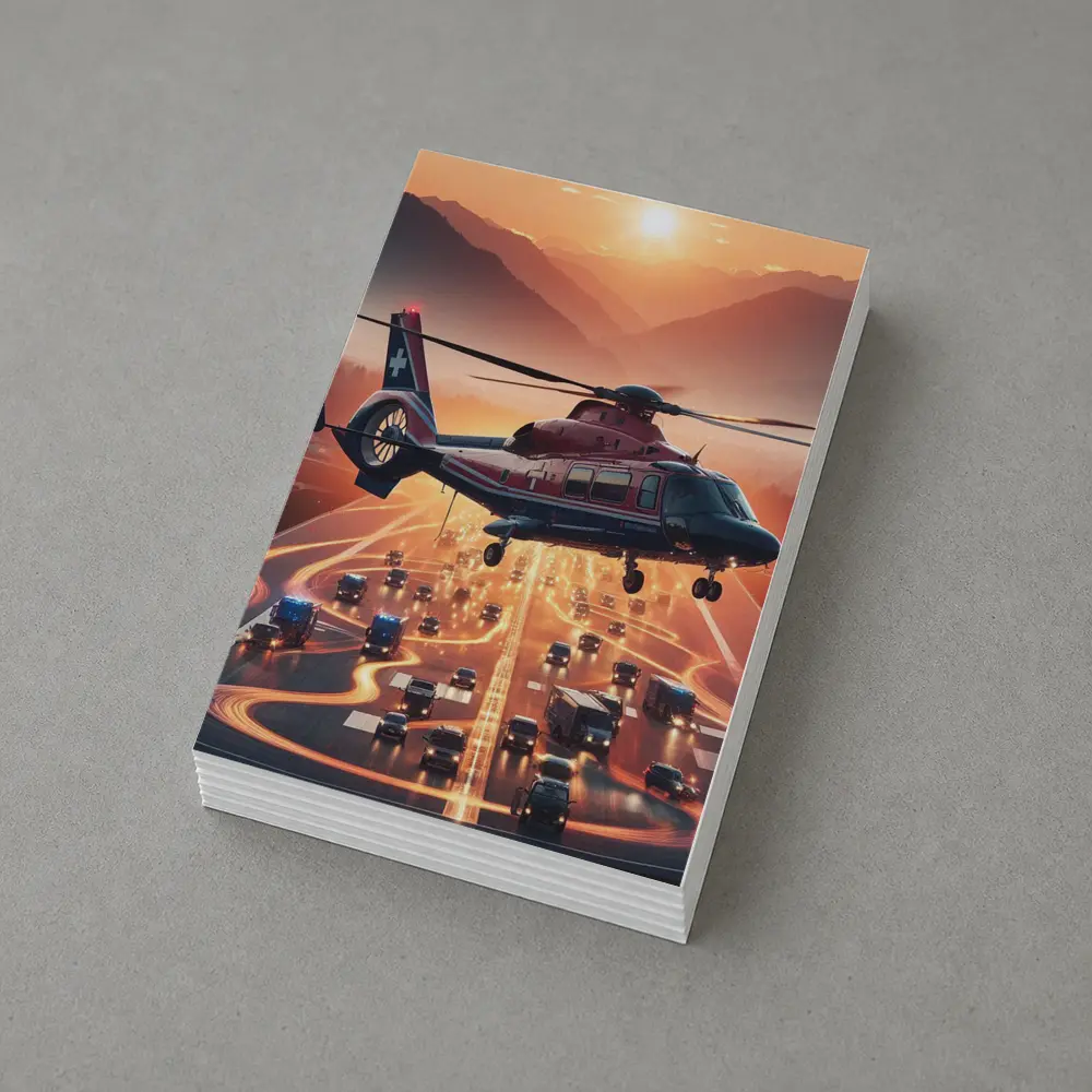 Medical Helicopter Flying Over Busy Highway Sunset – Postcards
