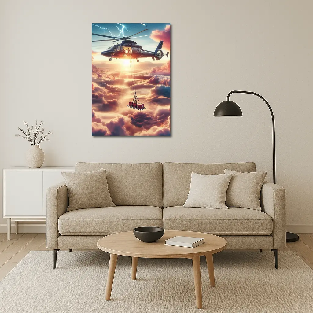 Helicopter Lifting Cargo Above Dramatic Clouds – Wall Art