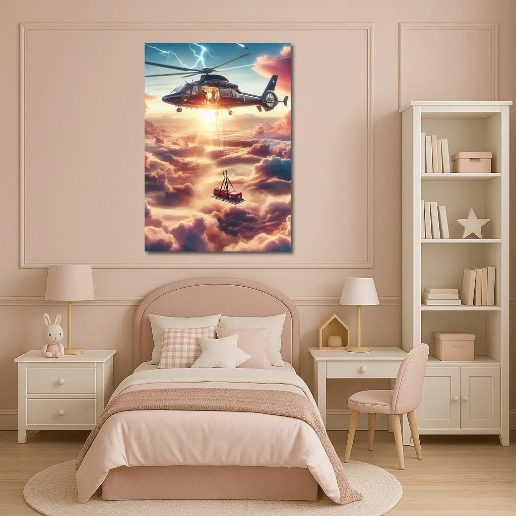 Helicopter Lifting Cargo Above Dramatic Clouds – Wall Art