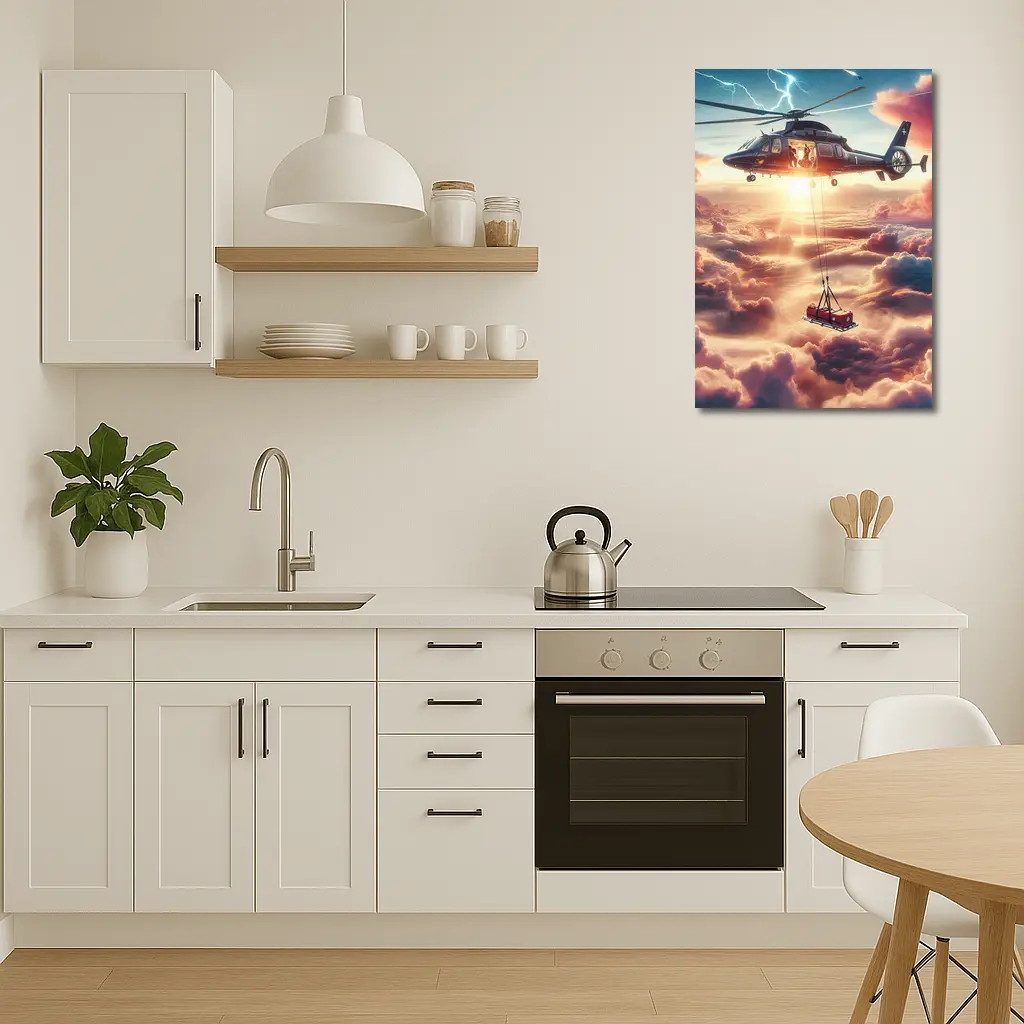 Helicopter Lifting Cargo Above Dramatic Clouds – Wall Art