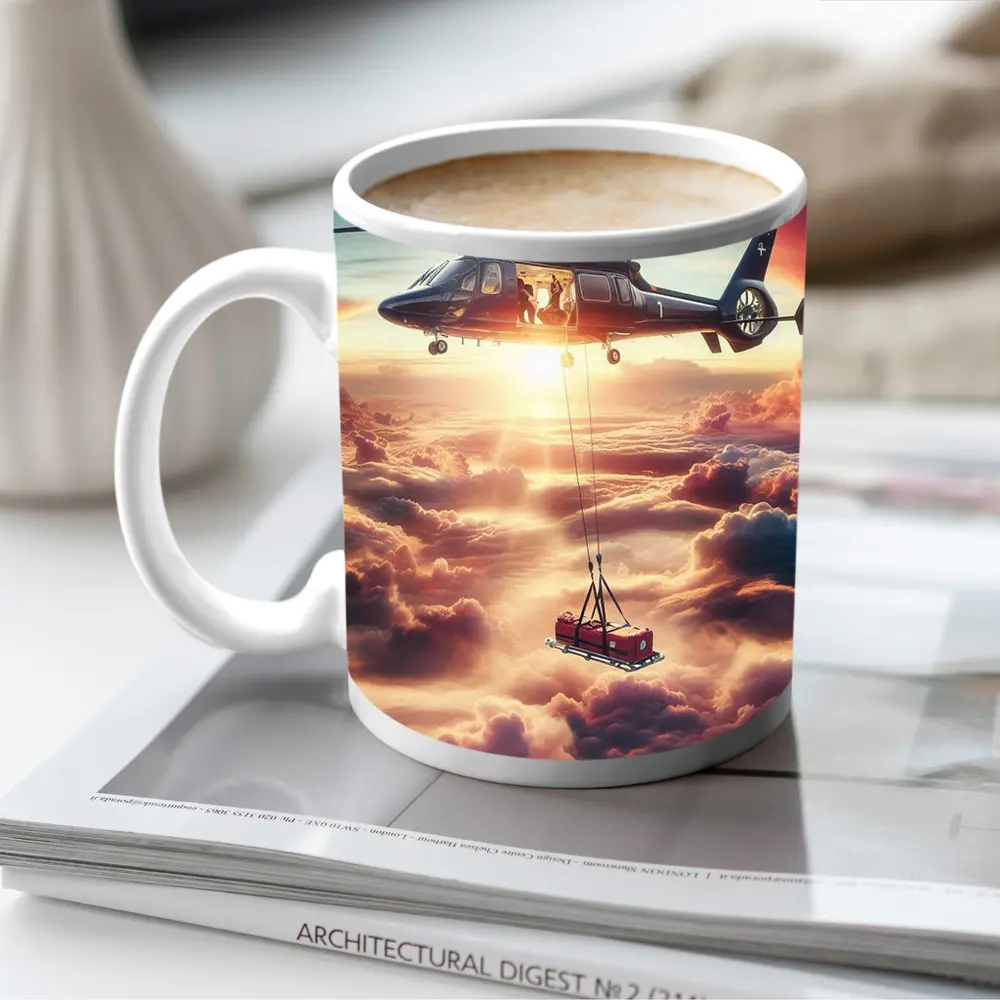 Helicopter Lifting Cargo Above Dramatic Clouds – Mugs