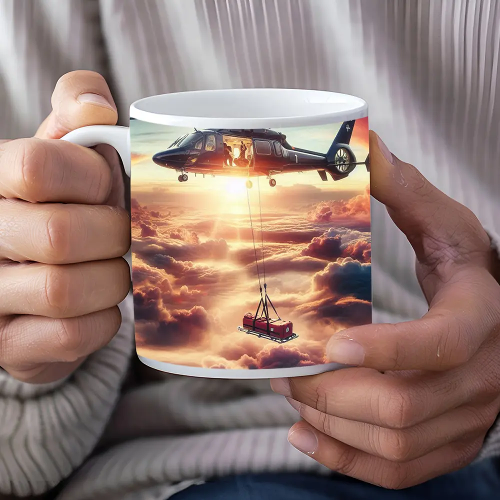 Helicopter Lifting Cargo Above Dramatic Clouds – Mugs