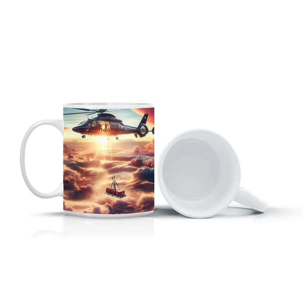 Helicopter Lifting Cargo Above Dramatic Clouds – Mugs