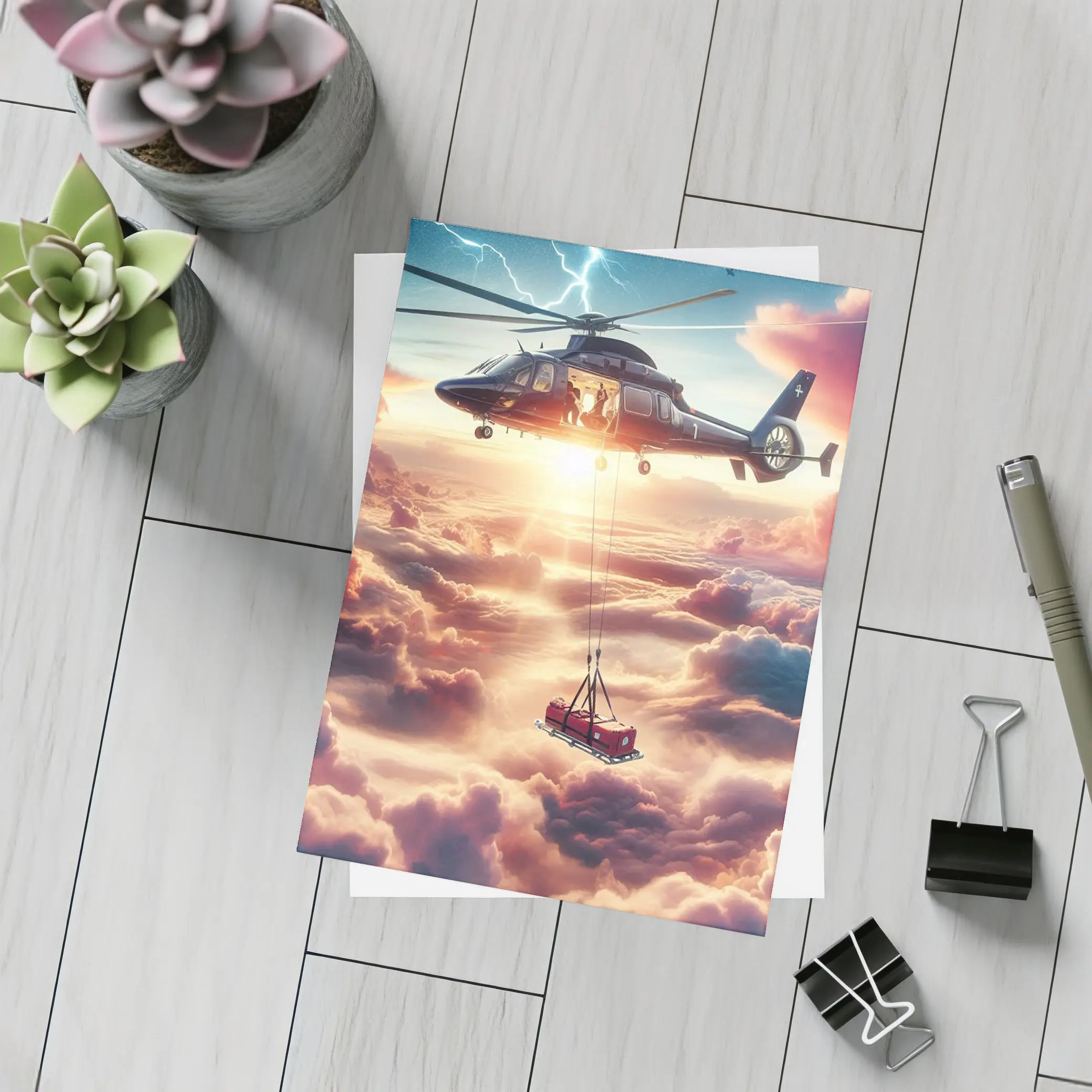 Helicopter Lifting Cargo Above Dramatic Clouds – Postcards