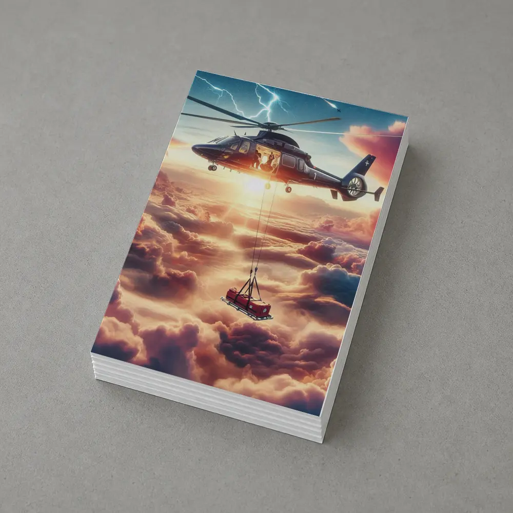 Helicopter Lifting Cargo Above Dramatic Clouds – Postcards