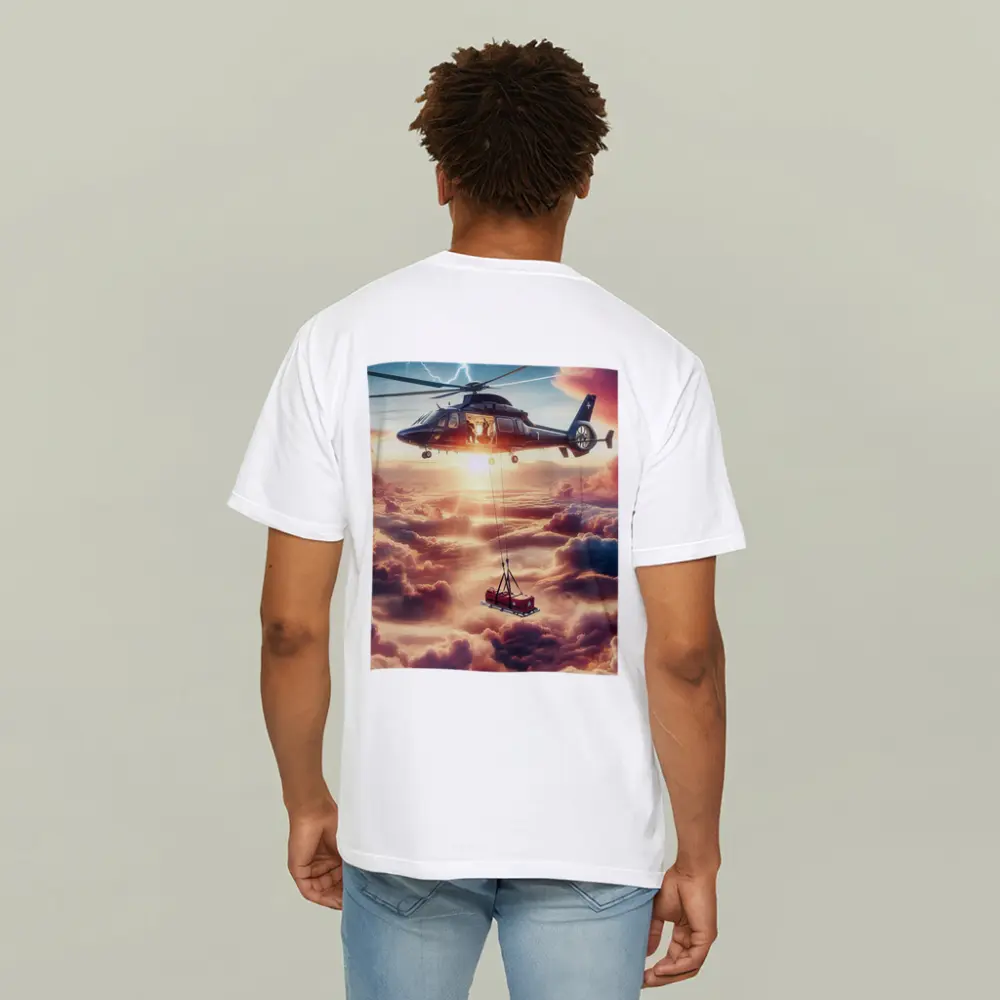 Helicopter Lifting Cargo Above Dramatic Clouds – T-Shirts