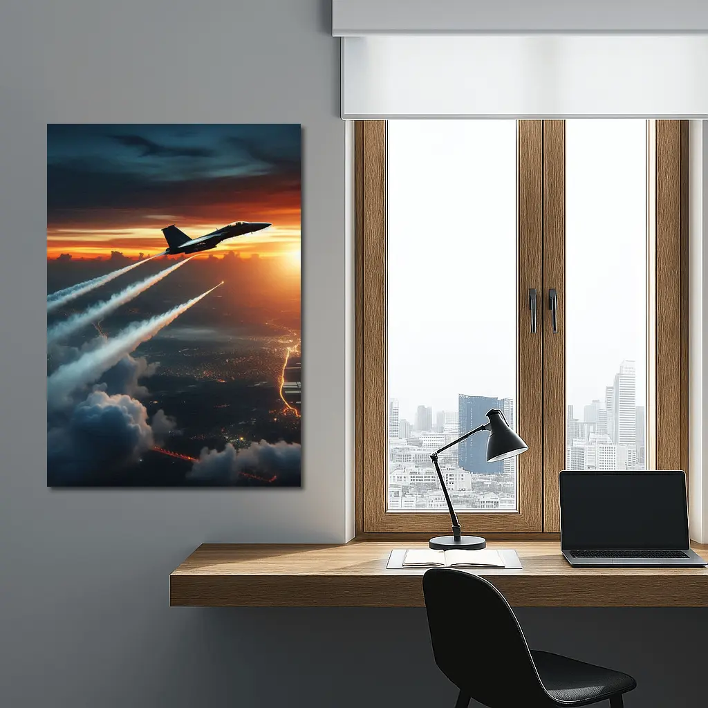 Fighter Jet Climbing Over City At Sunset – Wall Art
