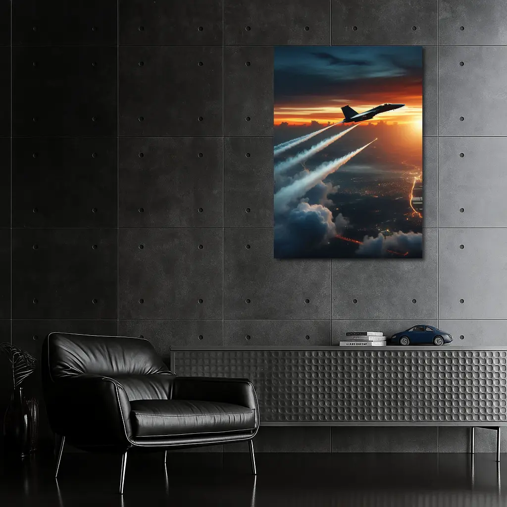 Fighter Jet Climbing Over City At Sunset – Wall Art