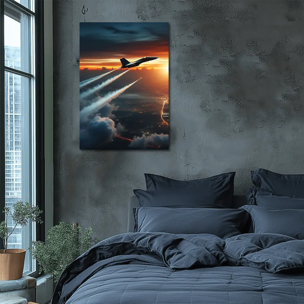 Fighter Jet Climbing Over City At Sunset – Wall Art
