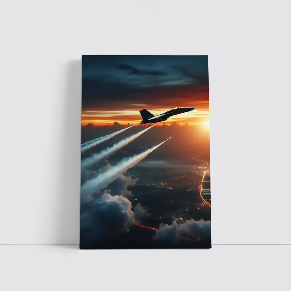 Fighter Jet Climbing Over City At Sunset – Wall Art