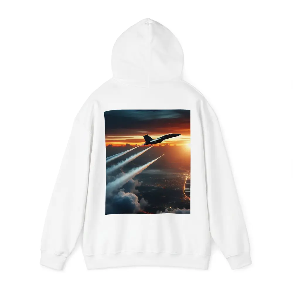 Fighter Jet Climbing Over City At Sunset – Hoodies