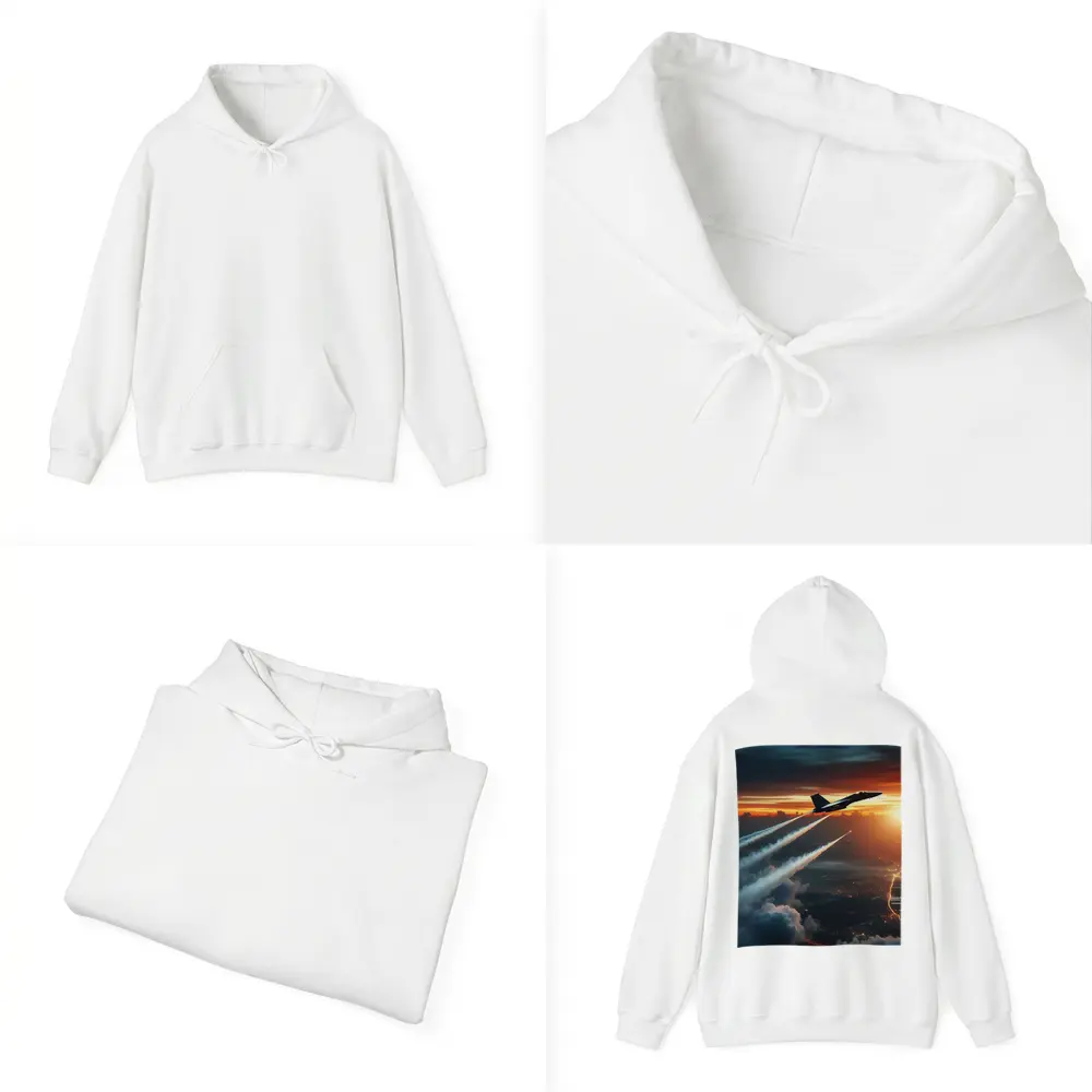 Fighter Jet Climbing Over City At Sunset – Hoodies