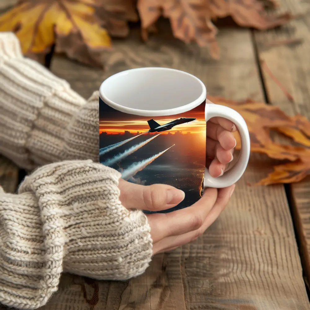 Fighter Jet Climbing Over City At Sunset – Mugs