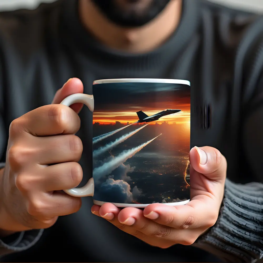 Fighter Jet Climbing Over City At Sunset – Mugs