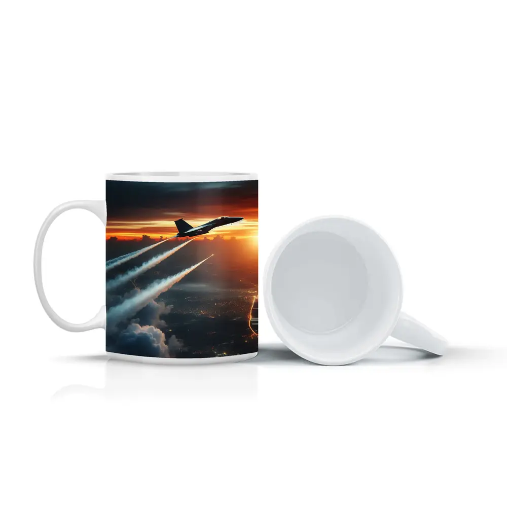 Fighter Jet Climbing Over City At Sunset – Mugs