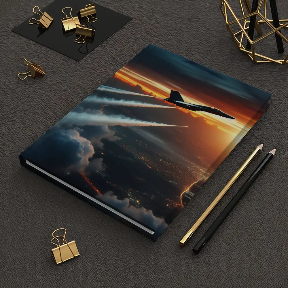 Fighter Jet Climbing Over City At Sunset – Notebooks