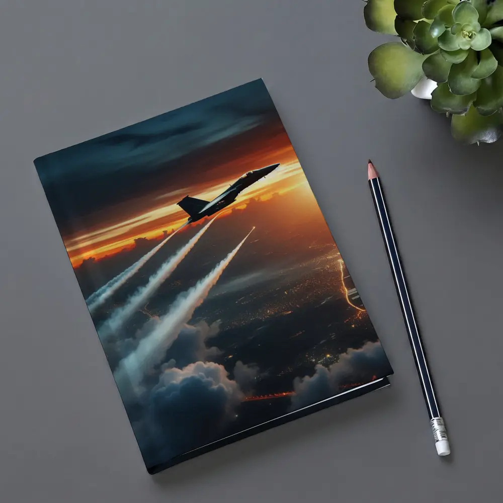 Fighter Jet Climbing Over City At Sunset – Notebooks