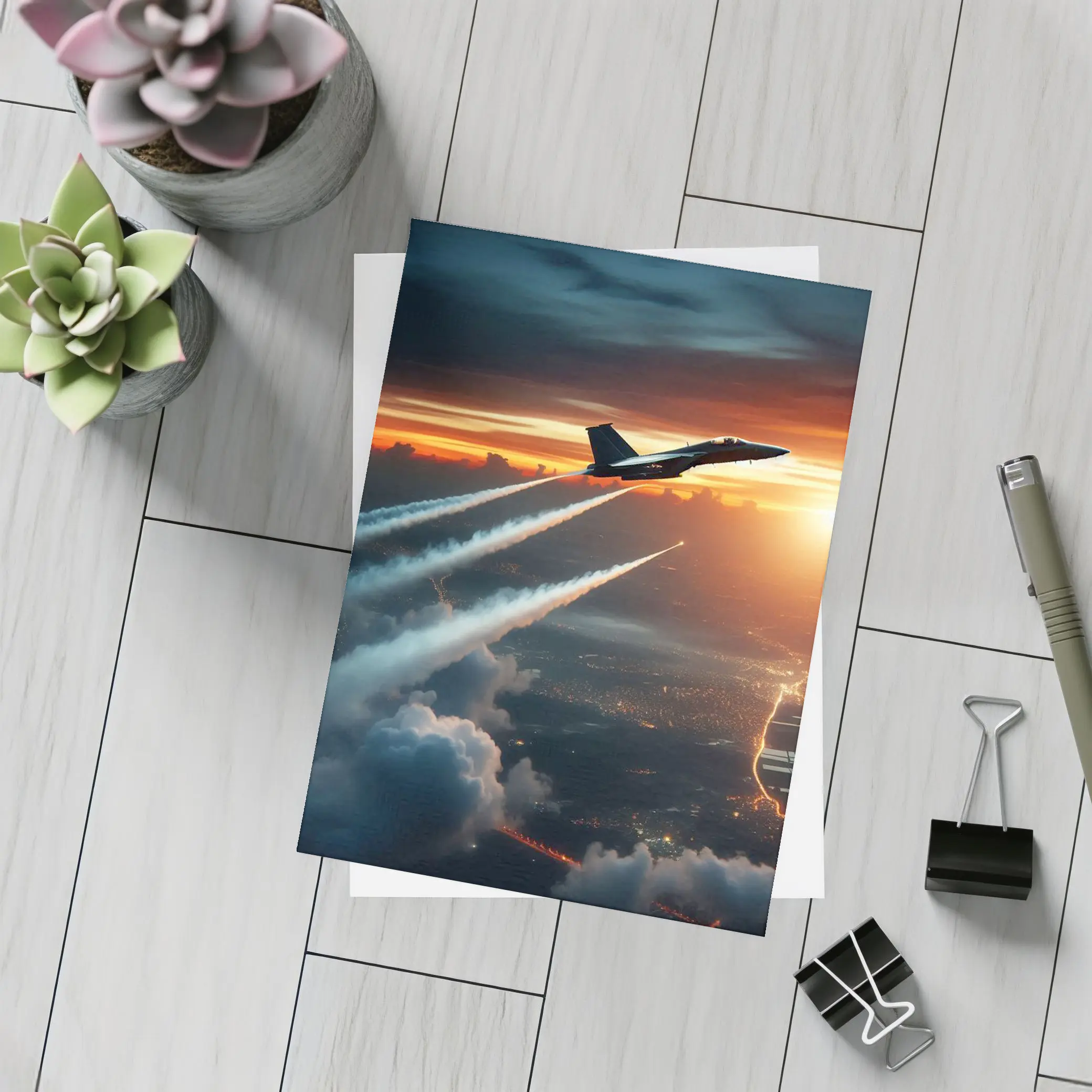 Fighter Jet Climbing Over City At Sunset – Postcards