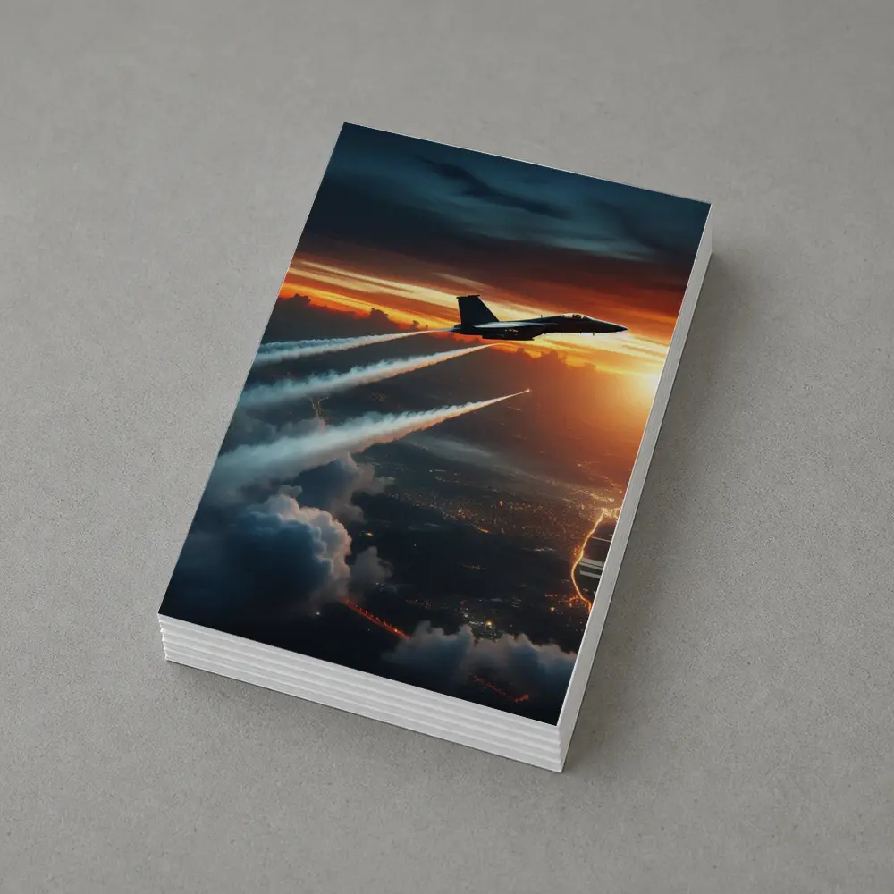 Fighter Jet Climbing Over City At Sunset – Postcards