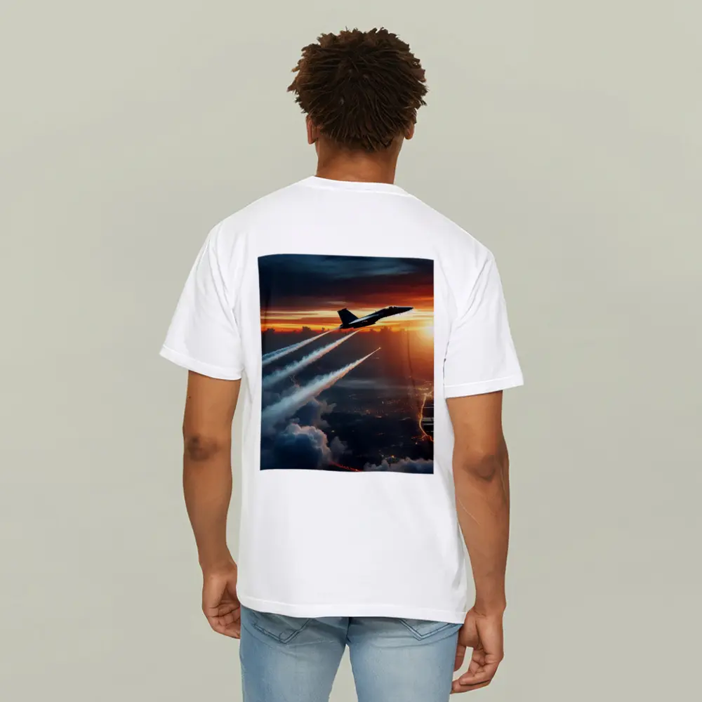 Fighter Jet Climbing Over City At Sunset – T-Shirts