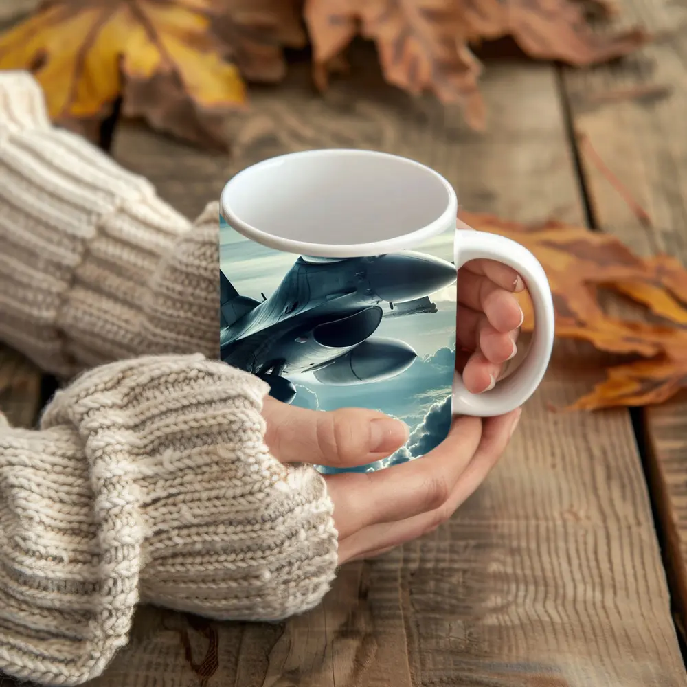 F16 Fighter Jet Flying Above Clouds – Mugs