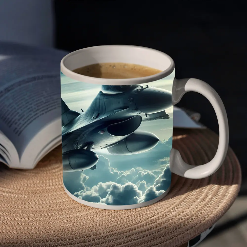 F16 Fighter Jet Flying Above Clouds – Mugs