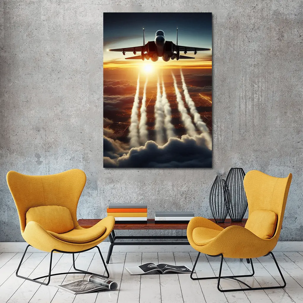 Fighter Jet Flying Over City At Sunset – Wall Art