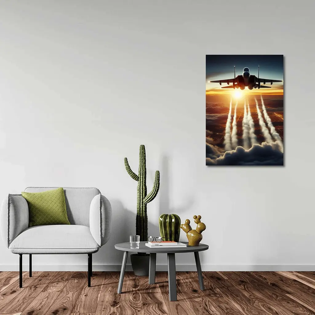 Fighter Jet Flying Over City At Sunset – Wall Art