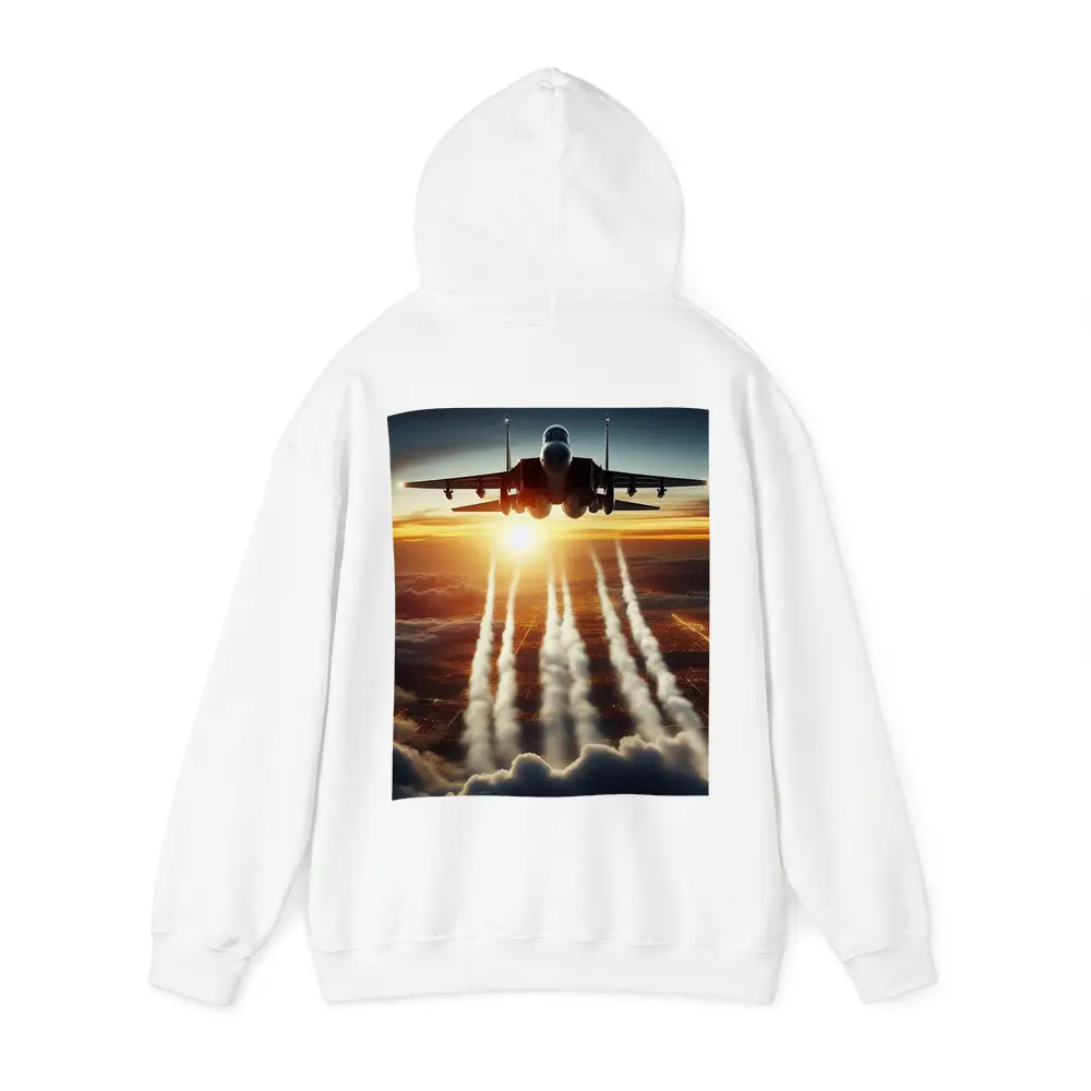 Fighter Jet Flying Over City At Sunset – Hoodies