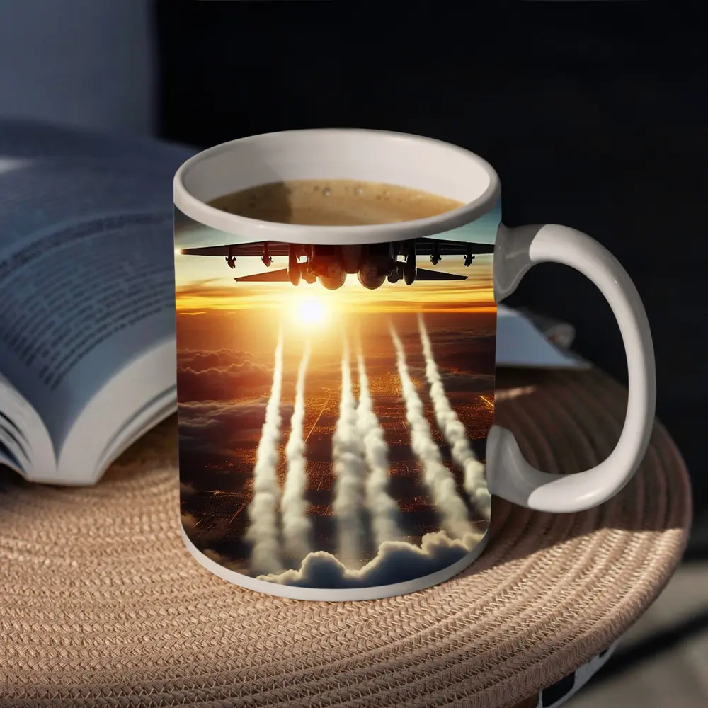 Fighter Jet Flying Over City At Sunset – Mugs