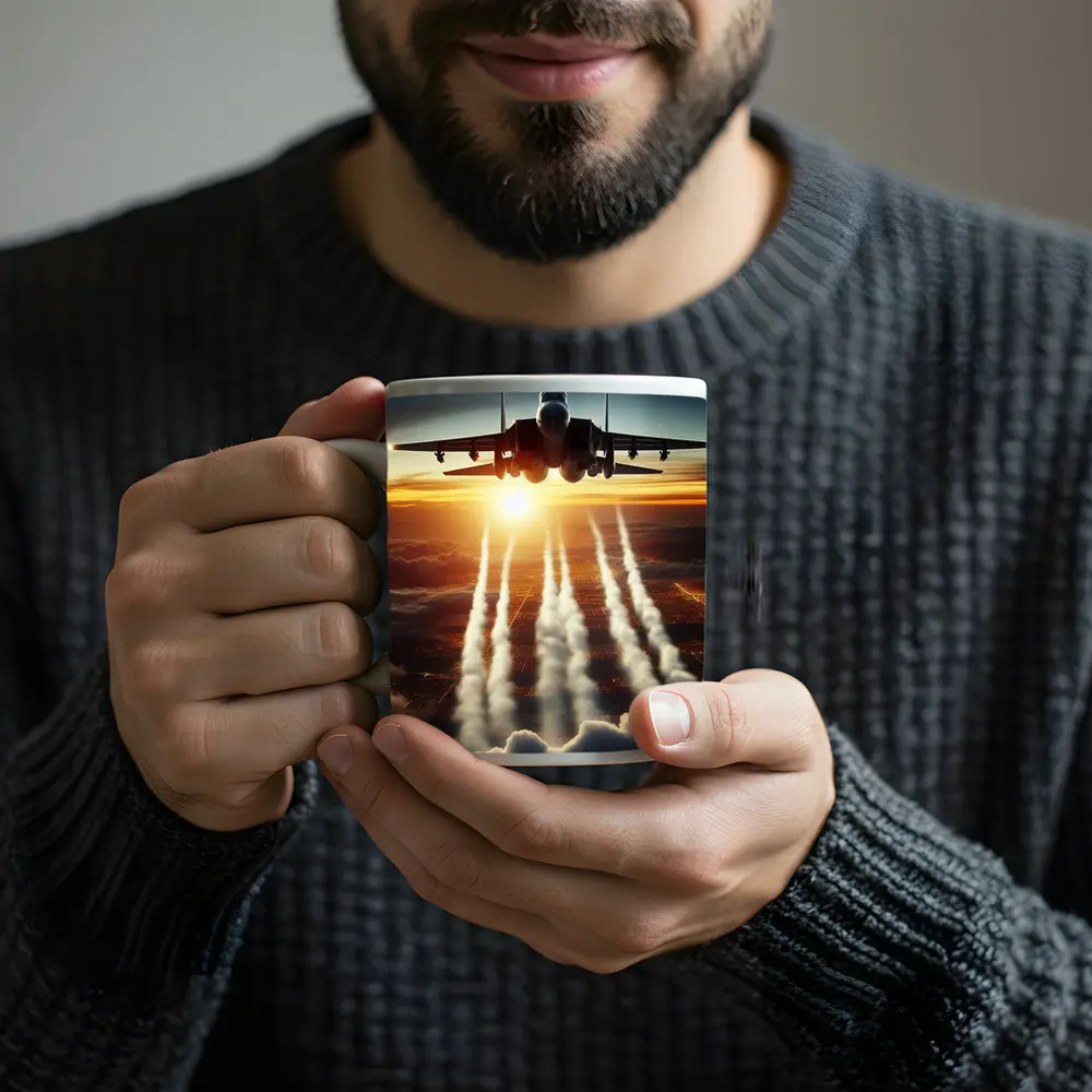 Fighter Jet Flying Over City At Sunset – Mugs