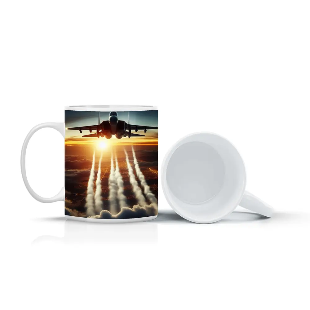 Fighter Jet Flying Over City At Sunset – Mugs