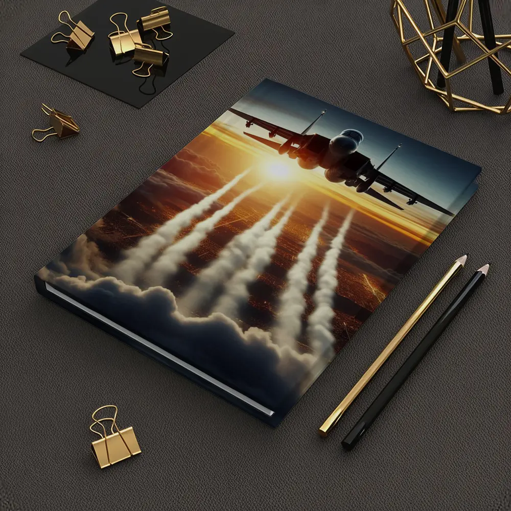 Fighter Jet Flying Over City At Sunset – Notebooks