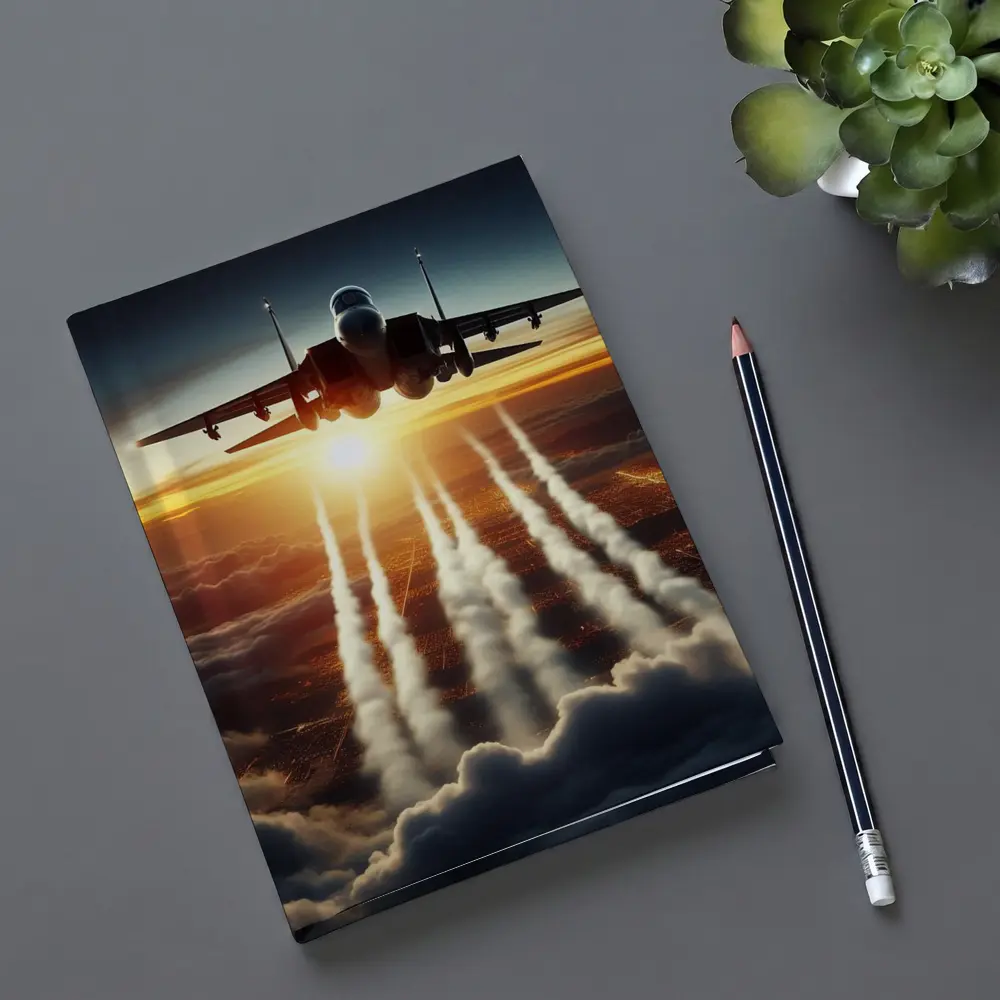 Fighter Jet Flying Over City At Sunset – Notebooks