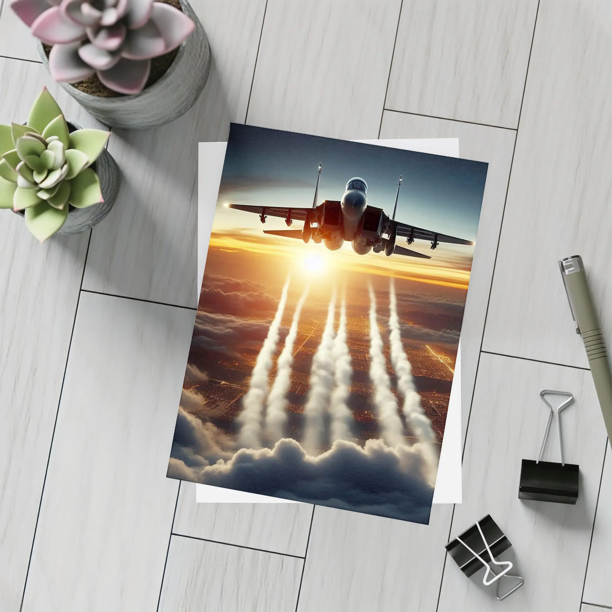 Fighter Jet Flying Over City At Sunset – Postcards