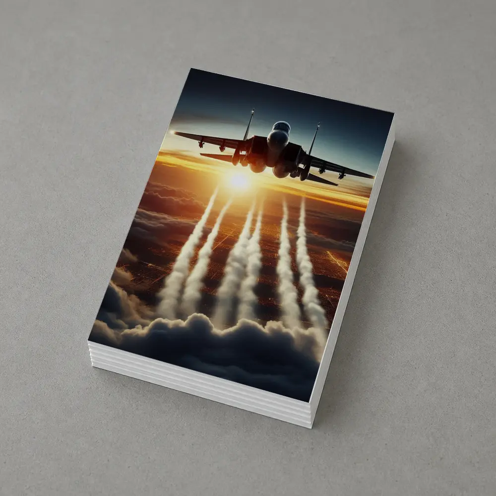 Fighter Jet Flying Over City At Sunset – Postcards