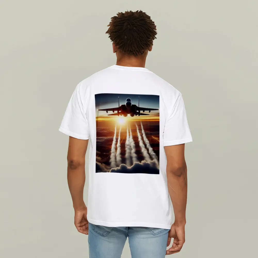 Fighter Jet Flying Over City At Sunset – T-Shirts