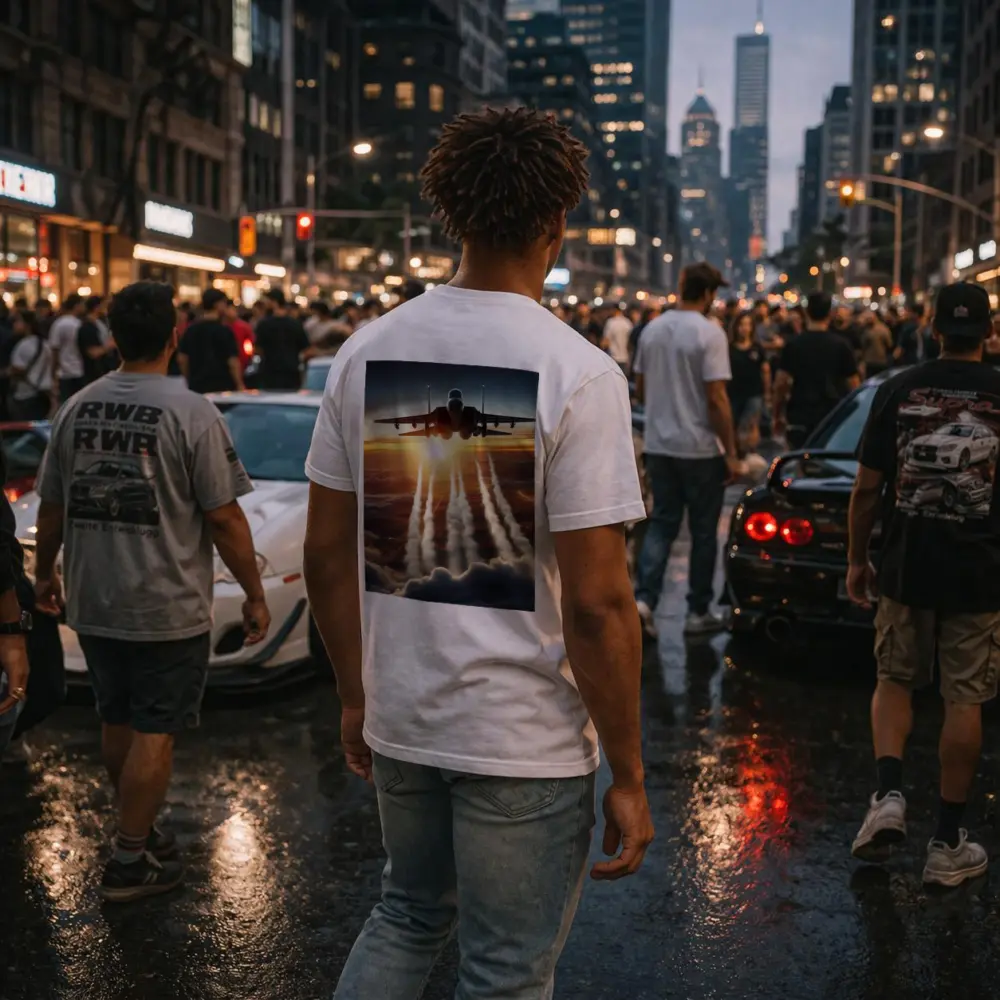 Fighter Jet Flying Over City At Sunset – T-Shirts