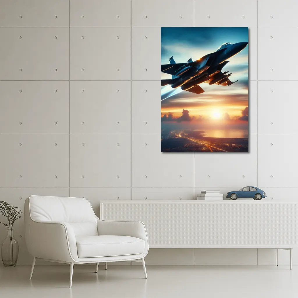 Fighter Jet Flying Over City At Sunset – Wall Art