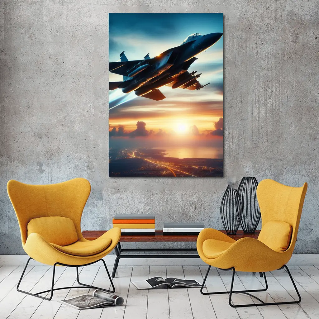 Fighter Jet Flying Over City At Sunset – Wall Art