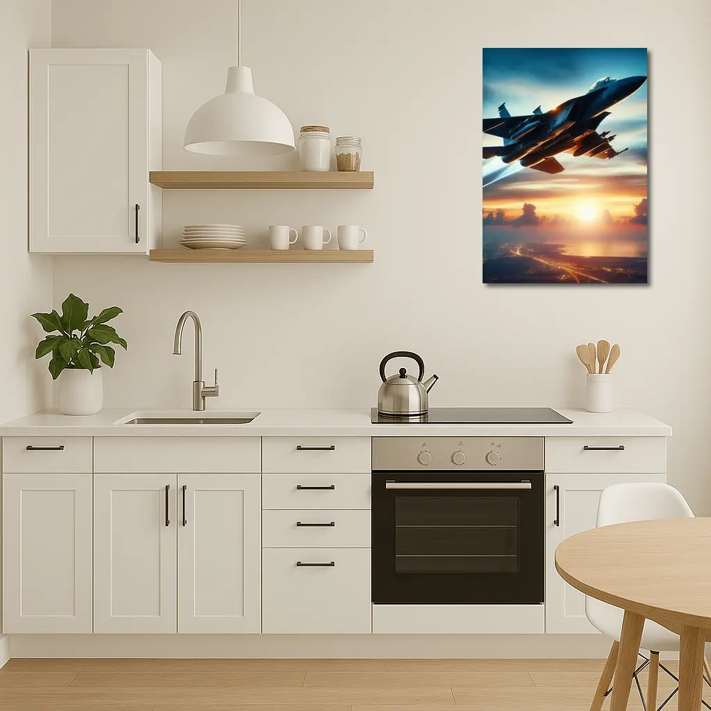 Fighter Jet Flying Over City At Sunset – Wall Art