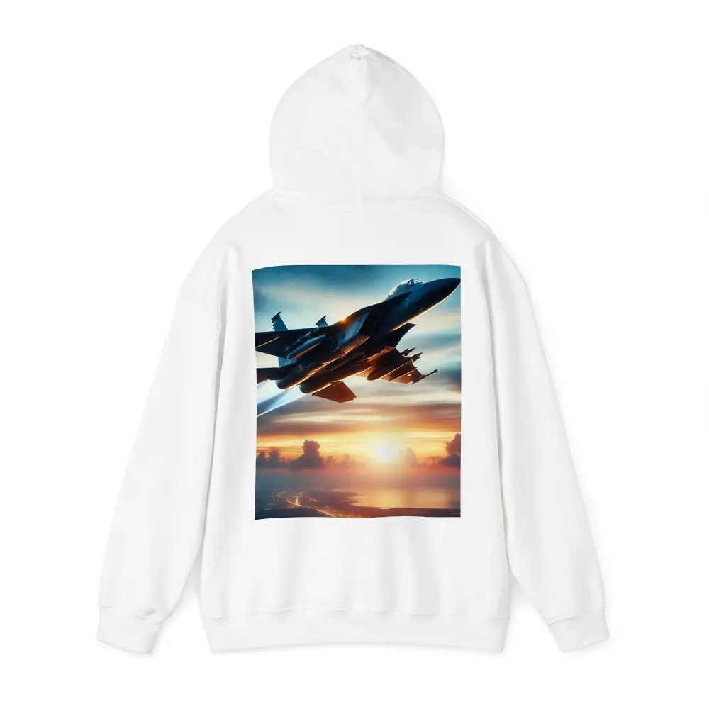 Fighter Jet Flying Over City At Sunset – Hoodies