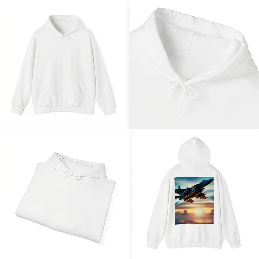Fighter Jet Flying Over City At Sunset – Hoodies
