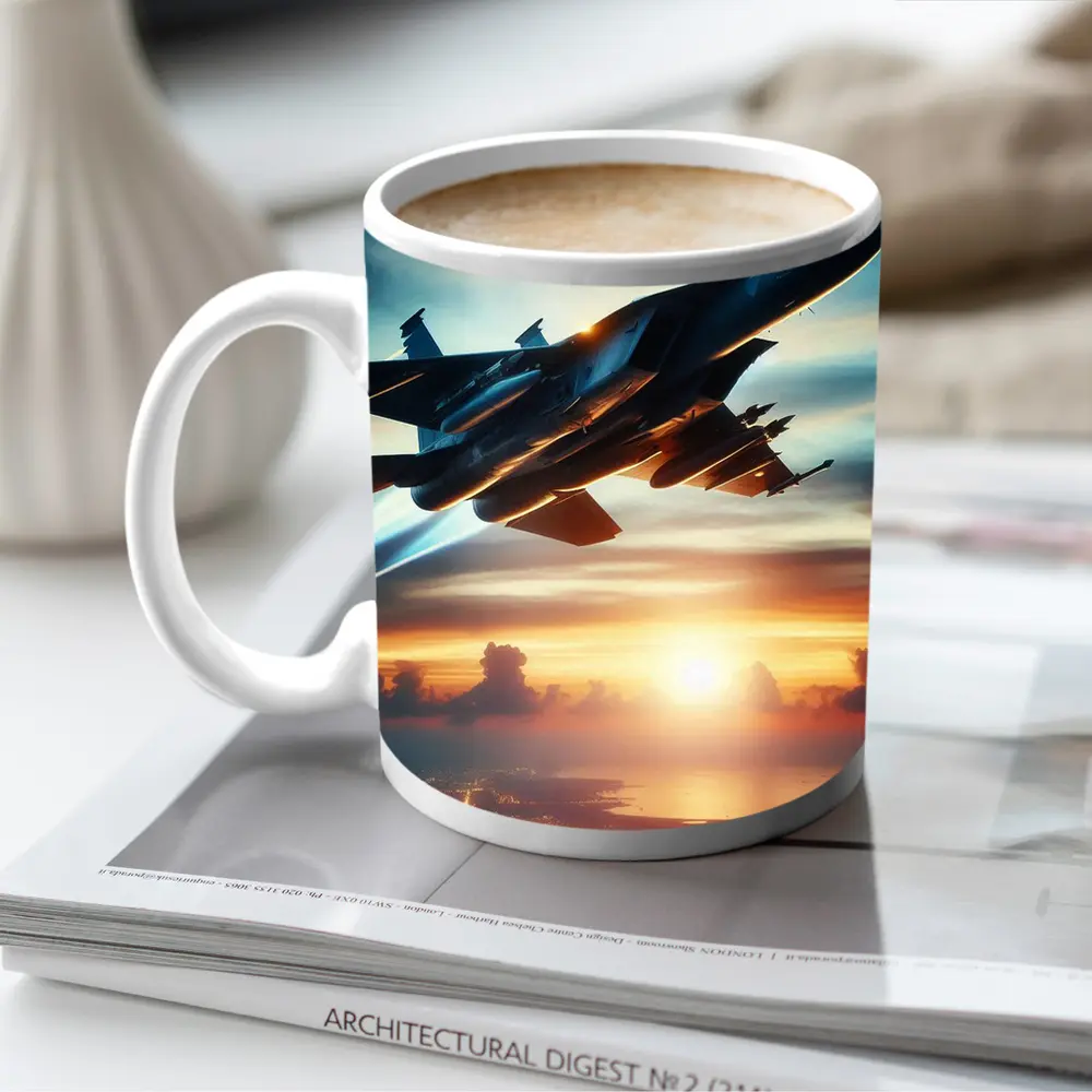 Fighter Jet Flying Over City At Sunset – Mugs
