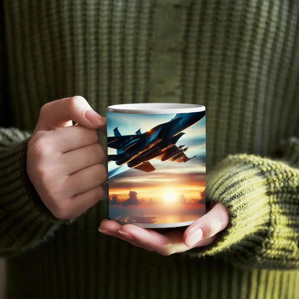 Fighter Jet Flying Over City At Sunset – Mugs